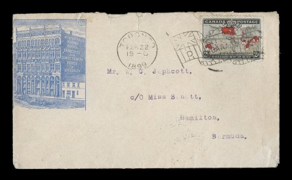1898 2c Black, blue and carmine Imperial Penny Postage, well centered single showing a uniform gray brown muddy water effect, tied to illustrated corner card cover of Frank P.
Birley, Dominion Paper Box Co. of Toronto to Hamilton, Bermuda,