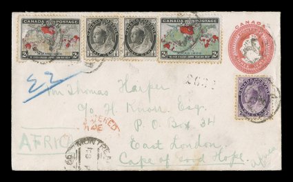 1898 2c Imperial Penny Postage, attractively franked registered cover with a single in the deep blue color combination plus another example that probably was lavender that has
now oxidized to a pale grey brown, plus horizontal pair of 12c Black