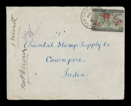 1898 2c Black, blue and carmine Imperial Penny Postage, single tied to Cawnpore, India by Spadina Ave.TorontoAP 13 99 c.d.s., the addressee could not be found so the reverse is
covered with transits and backstamps ending up in a Canadian
