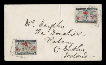 1898 2c Black, lavender and carmine Imperial Penny Postage, two singles with uniform grayish brown muddy water effect to the oceans, tied to attractive double rate cover to
Dublin, Ireland by VictoriaB.C. JY 23 99 squared circle postmar