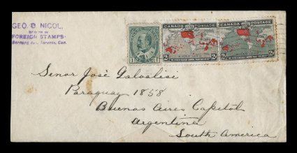 1898 2c Imperial Penny Postage, single in the deep blue color combination plus another example that was probably lavender that has oxidized to a uniform brown, both tied to
cover to Argentina along with 1c Green Edward VII by Toronto, Canada