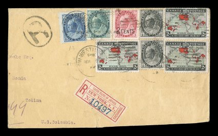 1898 2c Black, blue and carmine Imperial Penny Postage, three singles in combination with 12c Black, 1c Gray green, 2c on 3c Carmine and 5c Blue on bluish Numerals (Unitrade
74, 75, 79, 88) making a five-color franking, all tied to a large po