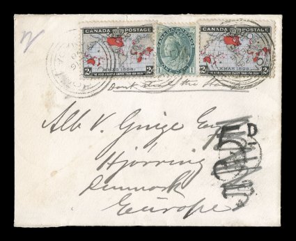 1898 2c Black, lavender and carmine Imperial Penny Postage, two attractive singles with fresh true lavender color in the oceans, along with 1c Gray green Numeral (Unitrade 75)
paying the 5c U.P.U. letter rate, all tied to cover to Denmark