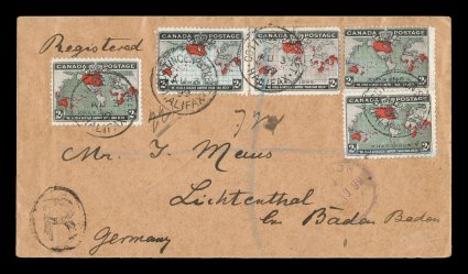 1898 2c Imperial Penny Postage, attractive registered cover to Lichtenthal in Baden-Baden, Germany, bearing four singles with the blue color combination from light to quite
dark and a fifth single with the lavender color for the oceans, payin