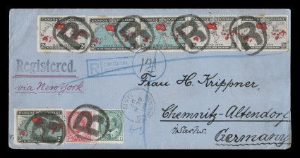 1898 2c Imperial Penny Postage, an exceptionally attractive and very rare double rate registered cover to Chemnitz, Germany, franked with a horizontal pair and single of the 2c
Map stamp with gray color in the oceans and a horizontal pair and