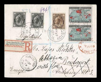 1898 2c Black, blue and carmine Imperial Penny Postage, handsome vertical pair with strong bright colors, along with two 12c Black and scarcer 6p Brown Maple Leaf (Unitrade 66,
71), tied to neat registered cover to Budapest, Hungary by cl