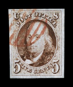 1, 5c Red brown, four full large and even margins, sharp detailed impression, neat portion of bright red oval grid pmk., choice very fine 1997 PF certificate.