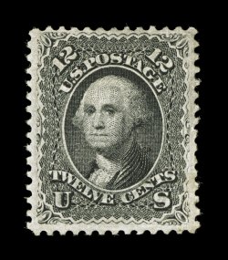 85E, 12c Black, Z grill, an extraordinarily rare mint example, much better centering than usually found on this always difficult grill, strong color and impression, full clean
o.g., lightly hinged, light crease at bottom right that ends in a m