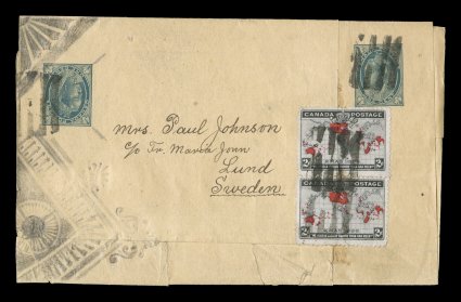 1898 2c Black, lavender and carmine Imperial Penny Postage, two singles on a very unusual newspaper wrapper to Sweden, made up of two 1c Green newspaper bands (Unitrade PB6)
put together, each indicia is cancelled by a four bar grid with mat