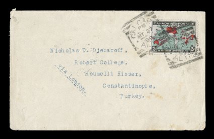 1898 2c Black, deep blue and carmine Imperial Penny Postage, well centered single with deep colors, posted in single franking to Constantinople, Turkey, tied by two strikes of
CalgaryAltaMY 27 99 squared circle pmks., backstamped by Brit