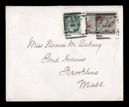 1898 2c Black, lavender and carmine Imperial Penny Postage, well centered single along with 1c Gray green Numeral (Unitrade 75) tied to neat cover to the United States on the
last day of the 3c rate before it was changed to 2c on January 1