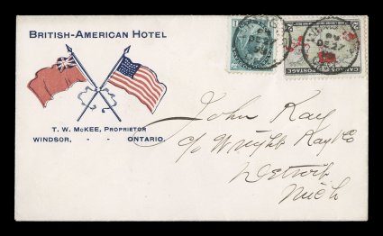 1898 2c Black, blue and carmine Imperial Penny Postage, nice single along with 1c Gray green Numeral (Unitrade 75) tied by two strikes of WindsorOnt.DE 27 98 c.d.s. to pristine
illustrated cover with crossed British and American flags in r