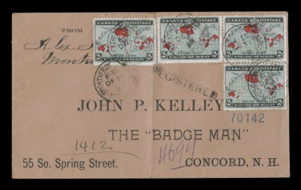 1898 2c Black, blue and carmine Imperial Penny Postage, four singles tied to incredibly rare registered cover to the United States on the last day of the 3c rate before it was
changed to 2c on January 1st, stamps are tied by Ste. Catherine S