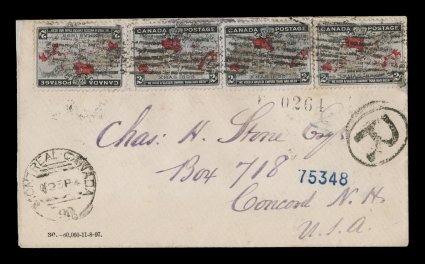 1898 2c Black, lavender and carmine Imperial Penny Postage, four singles tied to very rare registered cover to the United States by roller cancel of Montreal (unusual usage on
a registered cover) with Montreal CanadaDE 23 98 c.d.s. at bottom l