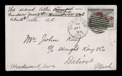 1898 2c Black, blue and carmine Imperial Penny Postage, single with just fine centering tied to cover to John Kay, the famous Detroit collector, by WindsorOnt.JA 1 99 duplex,
the first day of the reduction to 2c from 3c of the domestic lett