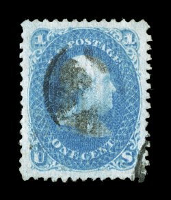 86, 1c Blue, E grill, a striking used example of this difficult stamp, being exceedingly well centered within truly lavish margins all around, bright fresh color on clean white
paper, lightly cancelled, extremely fine the One Cent E Grill i