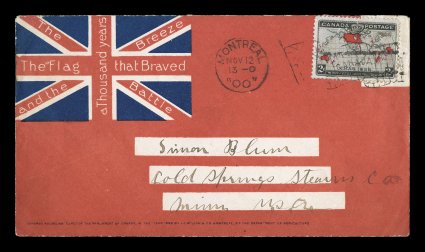 1898 2c Black, lavender and carmine Imperial Penny Postage, a well centered single tied by MontrealNov 12 00 flag machine cancel to allover front and back patriotic cover with
Union Jack on the front in red and blue and three verse song called