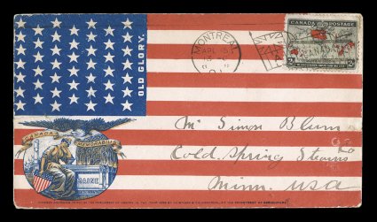 1898 2c Black, blue and carmine Imperial Penny Postage, single (small perf. faults) tied to allover American Flag design patriotic cover for the Spanish American war by
MontrealApl 15 01 flag machine cancel, backstamped Cold Springs, Minn., tw