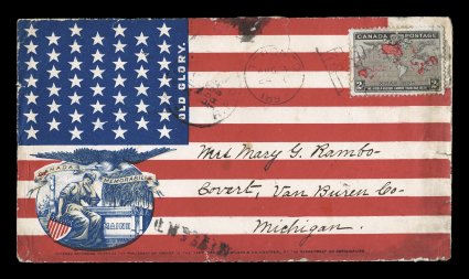 1898 2c Black, blue and carmine Imperial Penny Postage, well centered single with uniform muddy water effect, tied to similar allover American Flag design patriotic cover for
the Spanish American war, this by the same manufacturer as the previo