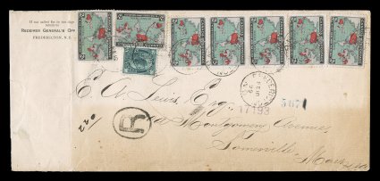 1898 2c Black, deep blue and carmine Imperial Penny Postage, vertical strip of four plus three singles making an impressive franking of seven 2c Map stamps, in combination with
1c Blue green Maple Leaf (Unitrade 67) paying the quintuple rate o