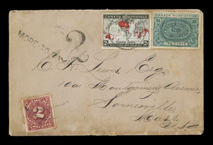 1898 2c Black, blue and carmine Imperial Penny Postage, single on a most interesting cover to the United States tied by FrederictonN.B.JA 6 99 c.d.s. with similar strike on 10c
Blue green special delivery (Unitrade E1), More to Pay and 2