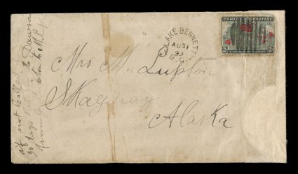 1898 2c Black, deep blue and carmine Imperial Penny Postage, damaged single on Klondike gold rush cover, clear Lake BennettB.C.AU 31 99 c.d.s. at left, posted to a Mrs. M.
Lupton in Skagway, Alaska, backstamped, return address reads  if
