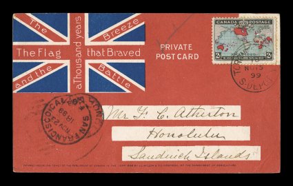 1898 2c Black, blue and carmine Imperial Penny Postage, lovely single with rich colors, the blue approaching the deep blue, tied to allover front Union Jack post card, posted
to Honolulu, Hawaii, stamp tied by Toronto, CanadaS. DepotNO 15