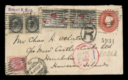 1898 2c Black, lavender and carmine Imperial Penny Postage, horizontal pair on 2c Red postal entire (Unitrade U11) in combination with 12c Black horizontal pair and 3c Carmine
Numerals (Unitrade 74, 78), all tied by Montreal roller cancels a