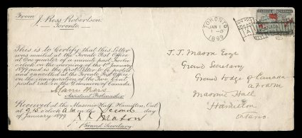 John Ross Robertson autographed letter signed and first day cover of the inauguration of the domestic rate change from 3c to 2c, Robertson was the founder of the Toronto
newspaper, The Evening Telegram, a prominent Free Mason being Past Grand