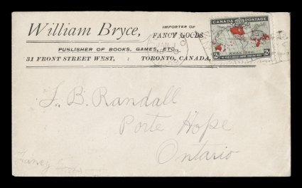 1898 2c Black, blue and carmine Imperial Penny Postage, single franking used on an attractive corner card cover of William Bryce, Importer of fancy goods in Toronto, stamp tied
by TorontoJan 11899 flag machine cancel being the first day of