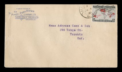 1898 2c Black, lavender and carmine Imperial Penny Postage, fresh single with nice colors on white paper tied by VancouverB.C.JA 4 99 c.d.s. to allover back map illustrated
advertising cover showing the routes to the Klondike and advertising