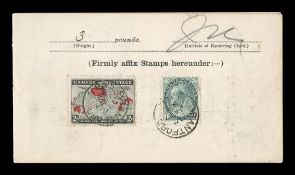 1898 2c Black, blue and carmine Imperial Penny Postage, single along with 1c Green (Unitrade 75) tied to page of a Post Office bulk mail receipt book for the payment of 3c
postage for the mailing of three pounds of newspapers, each tied by Bran