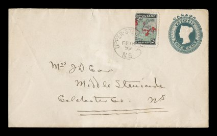 1898 2c Black, deep blue and carmine Imperial Penny Postage, horizontal bisect used as 1c on a 1c Green postal entire (Unitrade U9) to make the 2c letter rate, tied by Upper
SteiwiakeN.S.FE 18 99 c.d.s., minor edge tear to cover at top, very