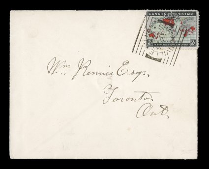 1898 2c Black, blue and carmine Imperial Penny Postage, well centered single an attractive cover, affixed slightly over the edge but perforations largely intact, tied by
beautiful strike of ShannonvilleOnt.AP 20 99 type 1 squared circle cance