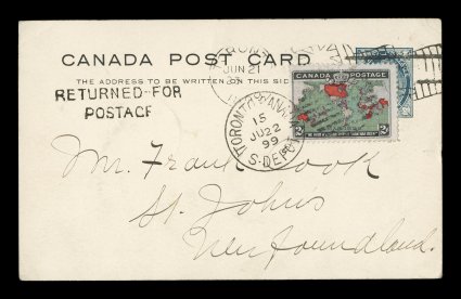 1898 2c Black, deep blue and carmine Imperial Penny Postage, interesting usage of attractive single on 1c Green postal card (Unitrade UX17), card originally posted to
Newfoundland with TorontoJun 21 1899 flag cancel, Returned for Postage h