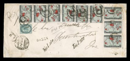 1898 2c Black, blue and carmine Imperial Penny Postage, legal-size registered cover to Huntington, Quebec with three vertical pairs and a vertical strip of three (three stamps
show the single line re-touch of the lower cable from the bottom row o