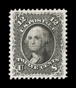 90, 12c Black, E grill, a wonderfully choice used example, featuring near perfect centering amid uncharacteristically wide margins, deep luxuriant color and a superbly detailed
impression on fresh paper, very lightly cancelled, extremely fine