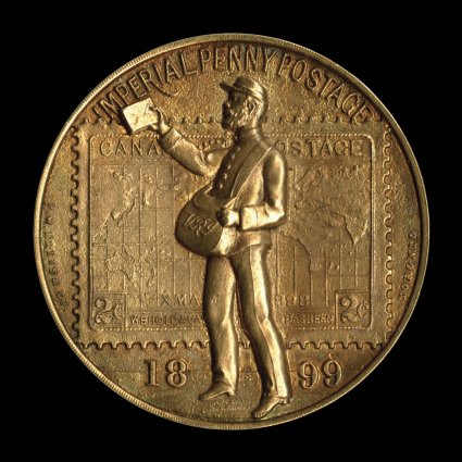 1899 Toronto Industrial Fair and Exhibition medal, a one ounce high relief medal produced for this exhibition in the first year that the Imperial Penny Postage was put into
use, to commemorate that event the reverse is inscribed Imperial Penny P