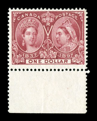 61, 1897 $1.00 Jubilee, pristine bottom sheet-margin single of this popular dollar value, well centered amid large margins, rich luxuriant color and a sharp detailed
impression, flawless o.g., never hinged, very fine and exceedingly choice