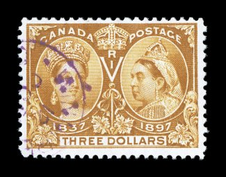 63, 1897 $3.00 Jubilee, lovely used example, being well centered amid large margins, sumptuously rich color, unobtrusive light violet c.d.s. cancel at left, very fine and
attractive (Unitrade C$1,500.00).