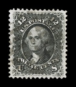 90, 12c Black, E grill, incredibly well centered amid extravagantly large margins which are seldom encountered, plus its color is especially deep and its impression strong on
fresh clean paper, central leaf cancel in black, extremely fine a t