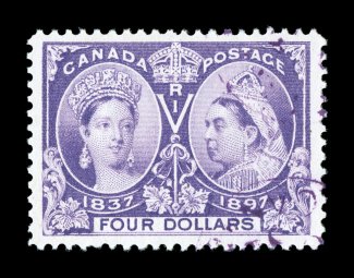 64, 1897 $4.00 Jubilee, a wonderfully choice used single of this scarce high dollar value, exceedingly well centered within especially wide margins, vibrant rich color and a
detailed impression, light red violet c.d.s. cancels that leave the Que