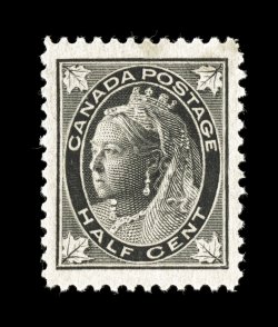 66, 1897 12c Black Maple Leaf, extraordinarily large gem mint single, being exceedingly well centered within huge margins, intense black color and a prooflike impression, full
o.g., n.h., extremely fine an impressive jumbo that is quite elus