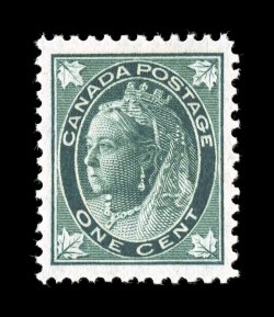 67, 1897 1c Blue green Maple Leaf, pristine mint single, beautifully centered within uncommonly large and balanced margins, deep rich color, flawless o.g., n.h., extremely fine
and very scarce in this gem quality (Unitrade C$150.00).