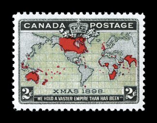 86, 1898 2c Black, blue and carmine Imperial Penny Postage, pristine mint single, precisely centered within large margins, intensely strong colors on bright white paper, the
blue being a muddy water variety having oxidized into an attractive u