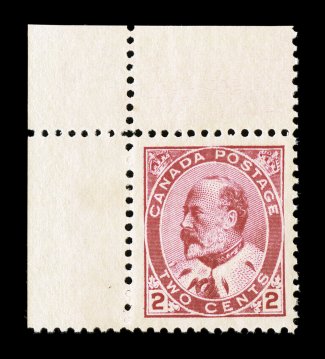 Unitrade 90vii, 1903 2c Carmine, Ty. I, impressive top left corner margin mint single, extraordinarily well centered within four extra-large margins, rich deep color and a
sharp impression that shows the type well, plus full even perforations, o