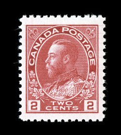 Unitrade 106ix, 1911 2c Rose carmine, hairlines variety showing in the right margin, an impressive mint single being exceptionally well centered within balanced margins that
are large to immense at top and bottom, brilliant color on fresh bright