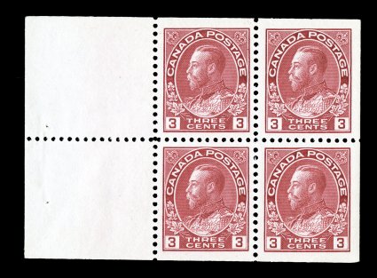 109a, 1923 3c Carmine, booklet pane of four + two labels, an exceedingly choice example being marvelously well centered, fresh with rich color on bright paper, o.g., n.h.,
extremely fine in all regards and rare in this select never hinged qualit
