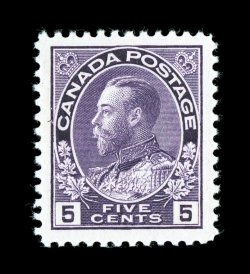112, 1922 5c Violet, wet printing, exceptionally well centered mint single within large margins, intense dark color and razor-sharp impression on bright white paper, o.g.,
n.h., extremely fine this ordinary paper variety is actually scarcer tha
