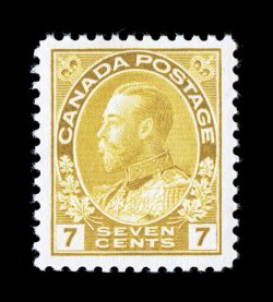113, 1912 7c Yellow ocher, wet printing, select mint single, beautifully centered amid large margins, sumptuously rich color and a deeply etched impression, flawless o.g.,
n.h., extremely fine and exceedingly choice (Unitrade C$210.00).